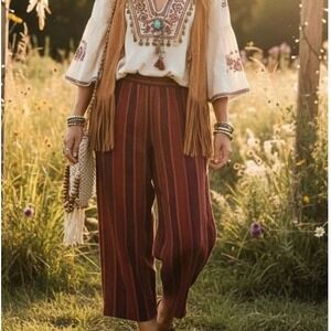 August Silk Boho Red Burgundy Striped Wide Leg Pants Festival Trousers | Size 3X